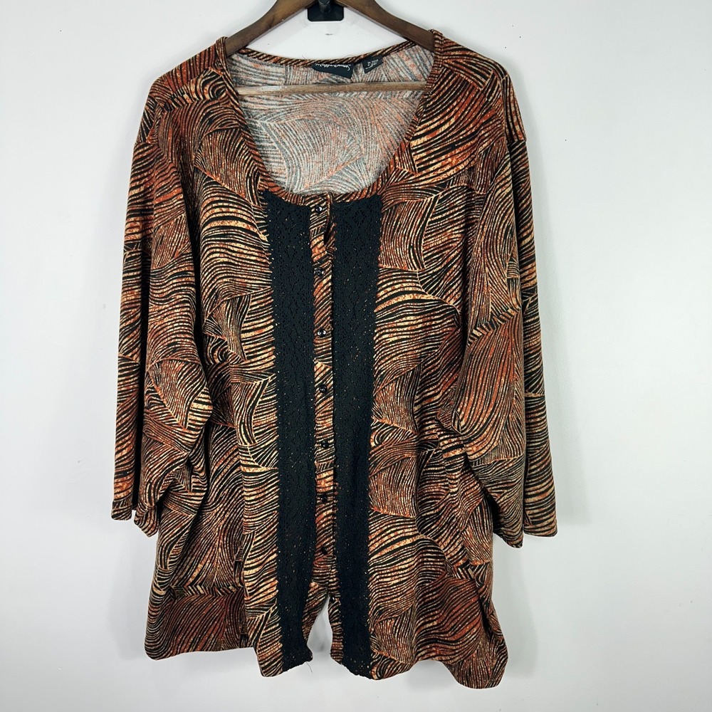 Maggie Barnes Top Womens Plus Size 4X Brown Geometric Long Sleeve Boho Artsy